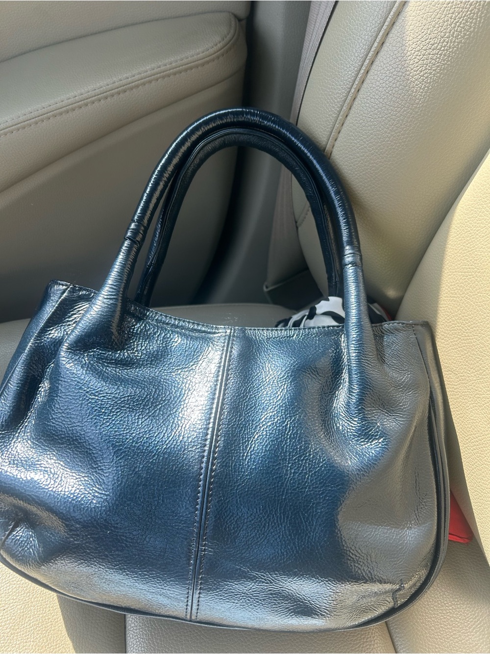 Classic navy blue Leather Tote Bag - Timeless Women’s Handbag,scarf not included